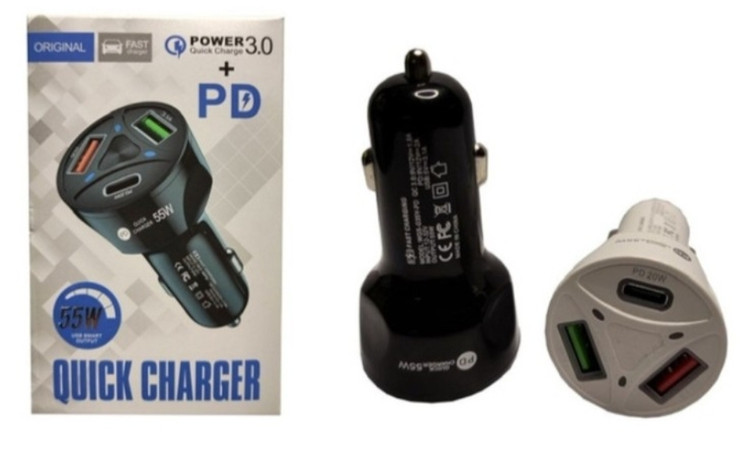شارژر فندکی 55 وات سه پورت با QC 3.0 و USB-C PD