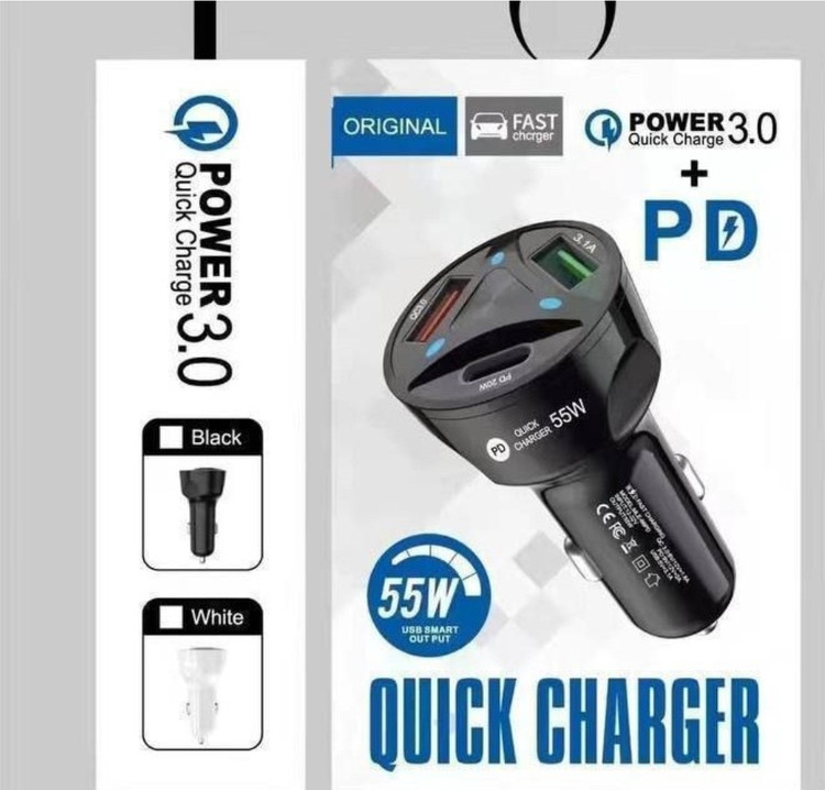 شارژر فندکی 55 وات سه پورت با QC 3.0 و USB-C PD