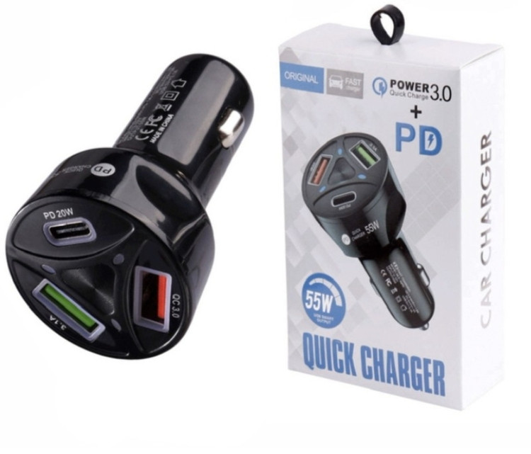شارژر فندکی 55 وات سه پورت با QC 3.0 و USB-C PD