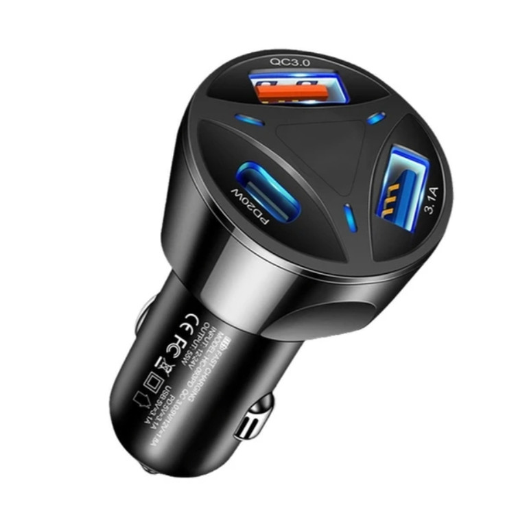 شارژر فندکی 55 وات سه پورت با QC 3.0 و USB-C PD